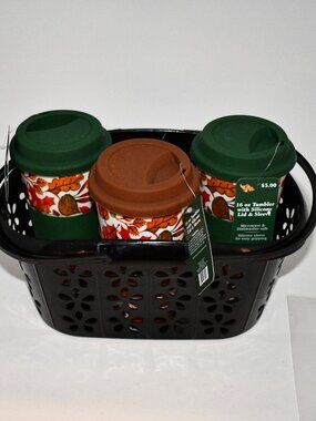 Century Fall Autumn Leaf 16 Oz Tumblers Set of 3 Silicone Lids Sleeves Black Bas